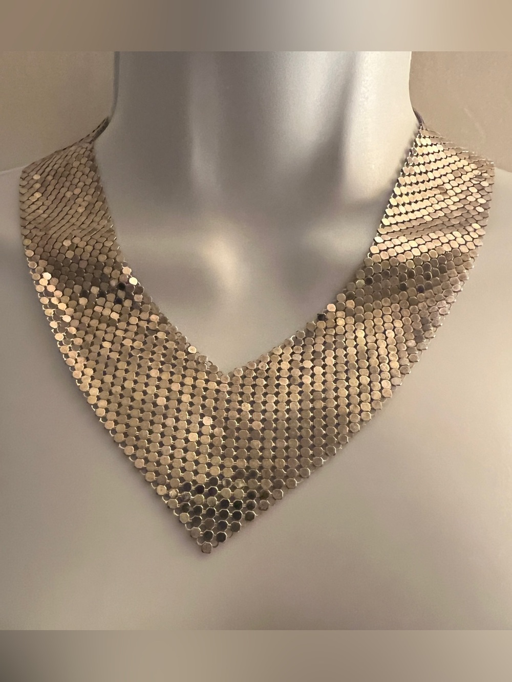 True Vintage Chainmail Mesh Bib Wide V Collar Necklace Silver Choker